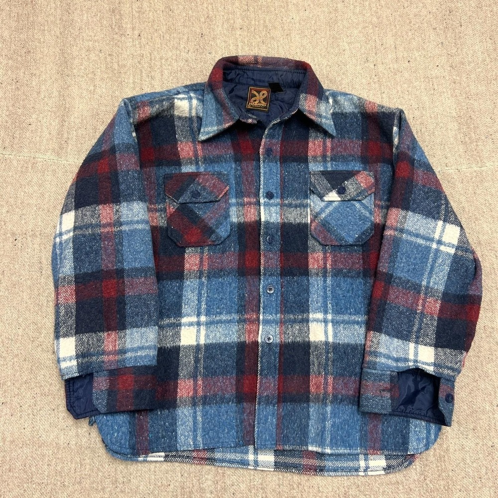 Vintage Haband Button Up Shirt Mens XL Blue 1970s USA Plaid Wool